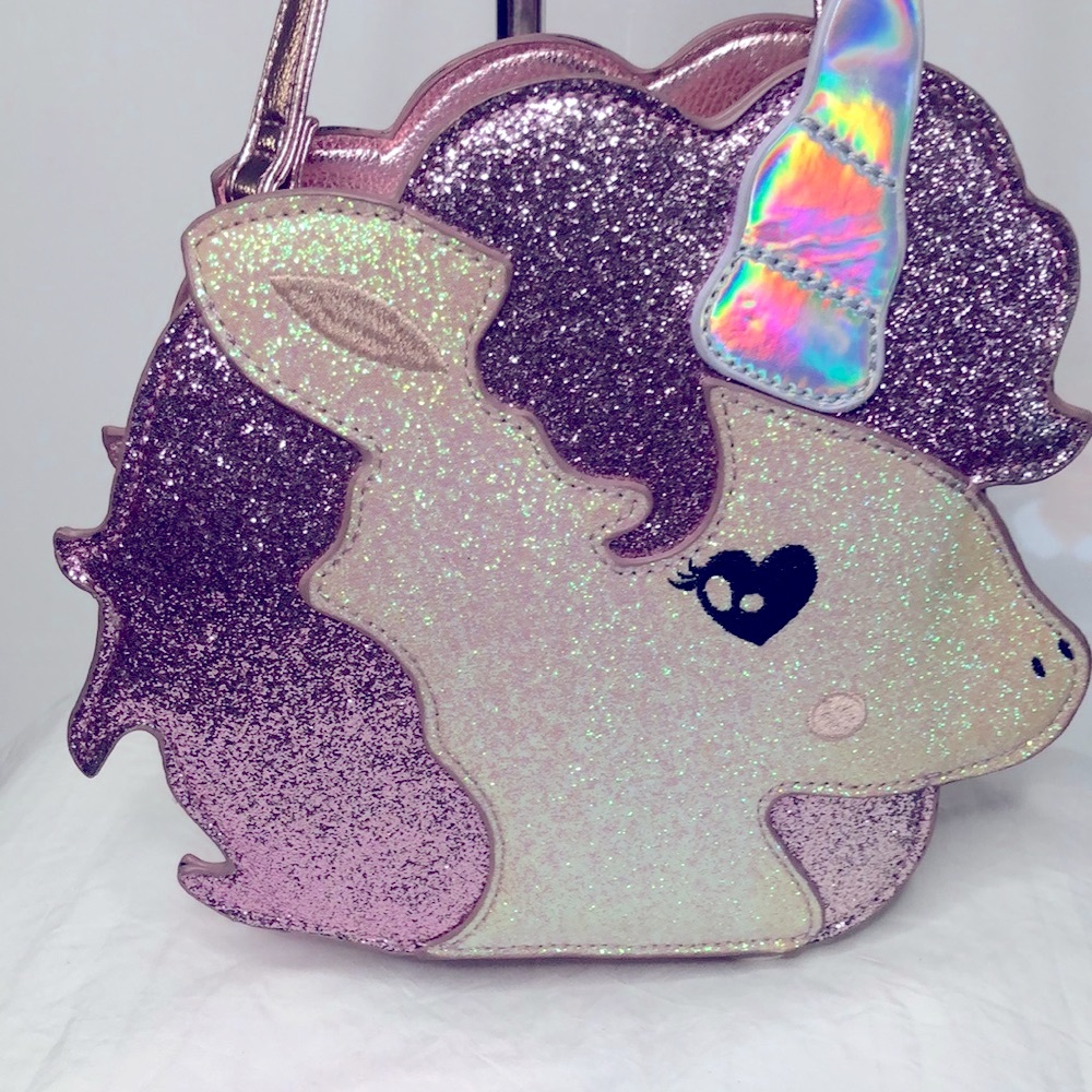 DOE A DEAR Pink metallic glittered Unicorn purse. Adjustable straps.